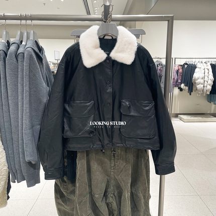 UR&DC2025冬季新款宽松气质拼接撞色毛领抽绳短款PU皮棉服外套女