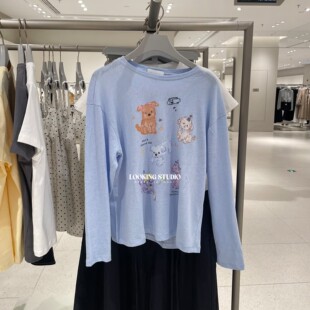 T恤女 都市甜美粉彩风萌宠小狗印花棉质圆领长袖 UR&DC2026春季 新款