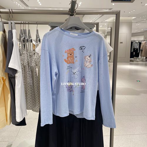 UR&DC2026春季新款都市甜美粉彩风萌宠小狗印花棉质圆领长袖T恤女