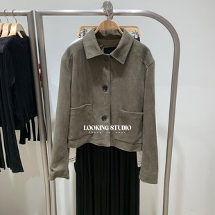 UR&DC2025冬季新款休闲琥珀流光风复古仿麂皮质感翻领短款外套女