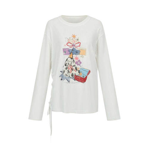 UR&DC2026夏季新款潮流休闲风趣味印花薄款白色棉质落肩长袖T恤女