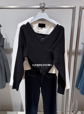 UR&DC2026春季新款设计感气质魅力蕾丝边V领交叉短款针织衫女上衣