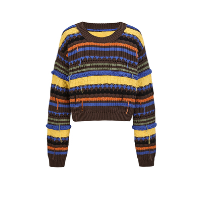 UR&DC2025春季新款设计感复古慵懒风撞色线条毛边针织衫女毛衣潮