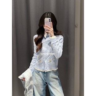 UR&DC2025秋季新款法式甜美休闲撞色花朵刺绣短款针织开衫女上衣