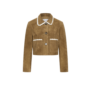 UR&DC2025秋季新款琥珀流光风撞色花边翻领皮衣仿麂皮短款外套女