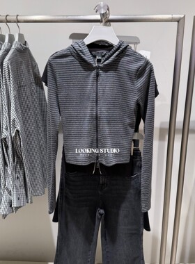 UR&DC2026春季新款潮流个性条纹连帽短款拉链外套女薄款修身上衣