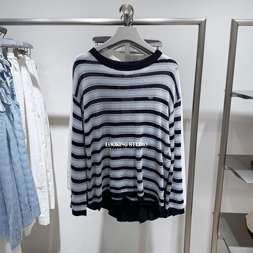 UR&DC2026春季新款宽松都市复古摩登撞色条纹圆领长袖针织衫女薄