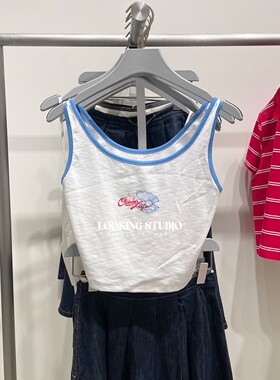 UR&DC2025夏季新款简约休闲撞色边印花短款修身无袖背心女短上衣