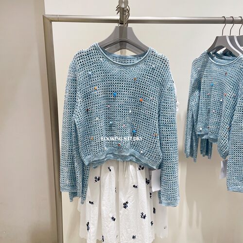 UR&DC2026夏季新款设计感钉珠清新精致镂空短款长袖针织衫女上衣