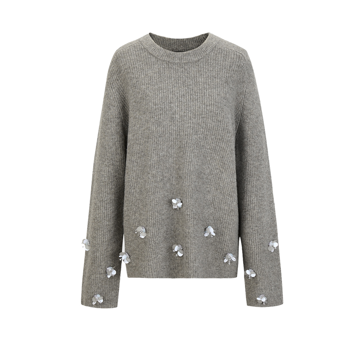 UR&DC2024年冬季复古雅丹风立体珠片装饰设计感灰色针织衫女毛衣