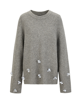 UR&DC2026春季新款雅丹风立体珠片装饰设计感灰色针织衫女毛衣潮