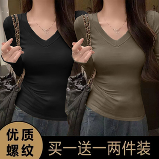 显瘦内搭正肩保暖长袖 女秋冬修身 上衣t恤 两件德绒V领打底衫 单