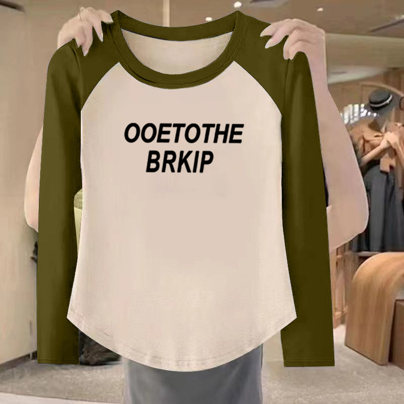 女装双面德绒撞色拼接正肩长袖设计感小众T恤打底衫印花上衣女