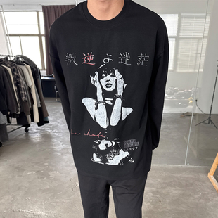 T恤复古春秋内搭小领口宽松cleanfit chute人像Vintage印花长袖