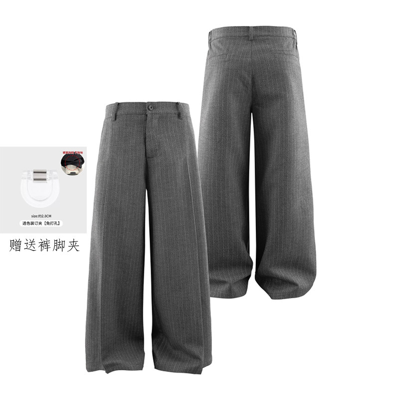 La chute 羊毛混纺灰色条纹打褶西裤A字阔腿直筒裤四季长裤休闲裤,男装,西裤,淘宝优惠券,粉丝福利购,淘宝优惠卷