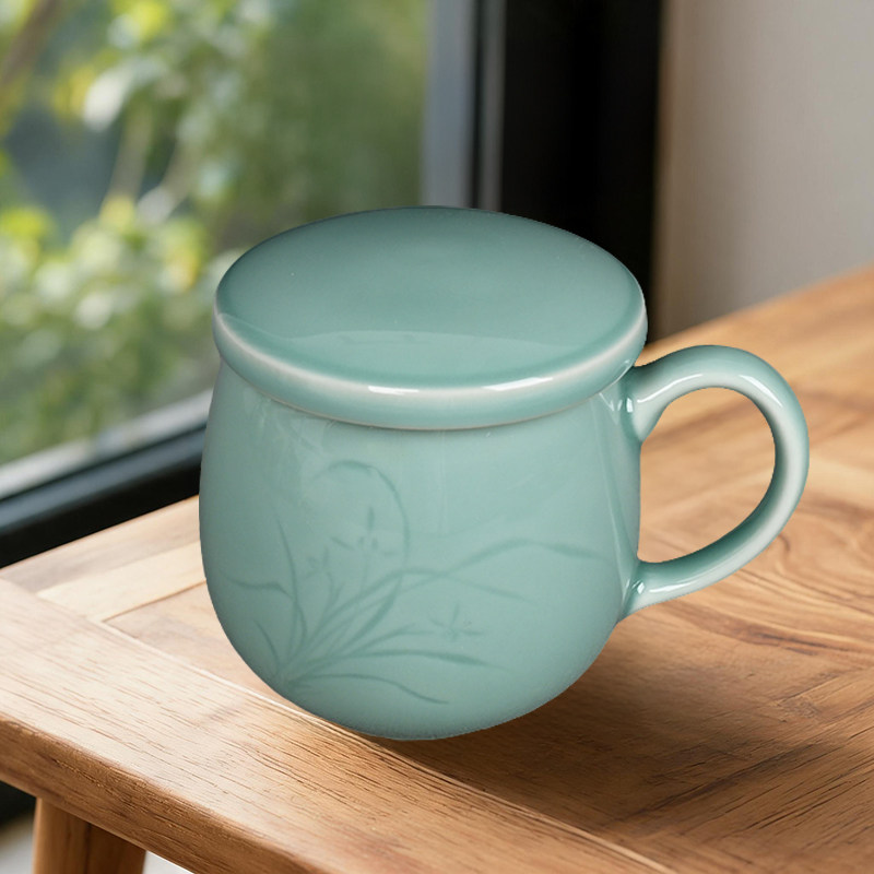 青瓷兰花同心茶杯带茶漏水杯