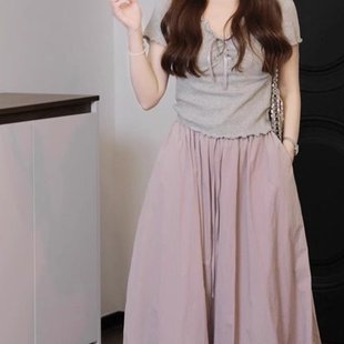 新款 2025夏季 紫色甜美蓬蓬花苞半身裙遮肉显瘦裙子搭配灰色上衣女