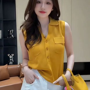 上衣 Polo领冰丝薄款 针织衫 针织背心夏季 有现货 独特超好看无袖