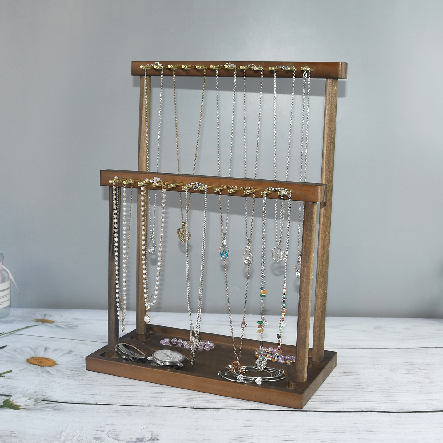 胡桃色双层项链展示架手串收纳架