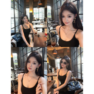 Crainfull法式 御姐风U领设计感掐腰遮肚显瘦腰间系带吊带连衣裙