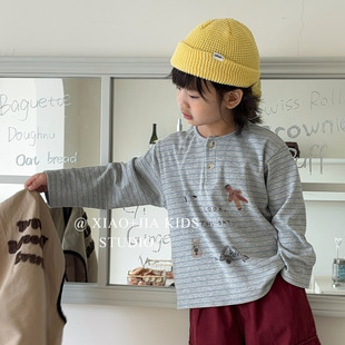 男童长袖 特百搭 条纹卡通圆领开扣打底衫 儿童秋装 T恤春秋上衣 韩版