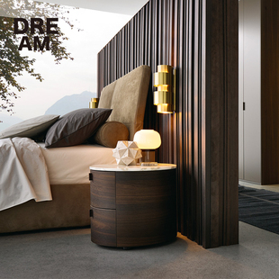 意式poliform主卧烟熏木色橡木色圆型大理石意大利极简昂达床头柜