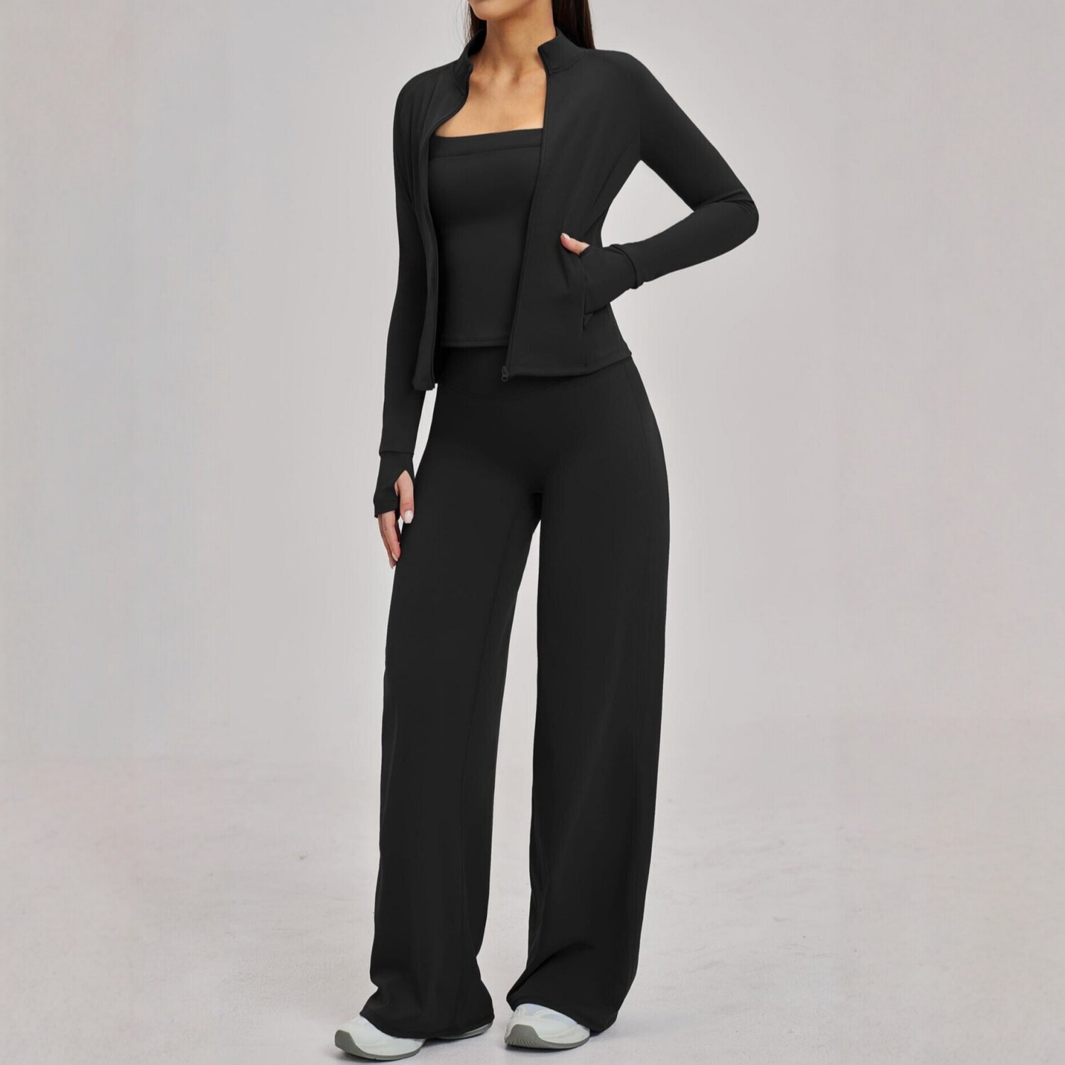 2026春季速干运动套装拉链休闲外套长裤女户外跑步骑行运动三件套