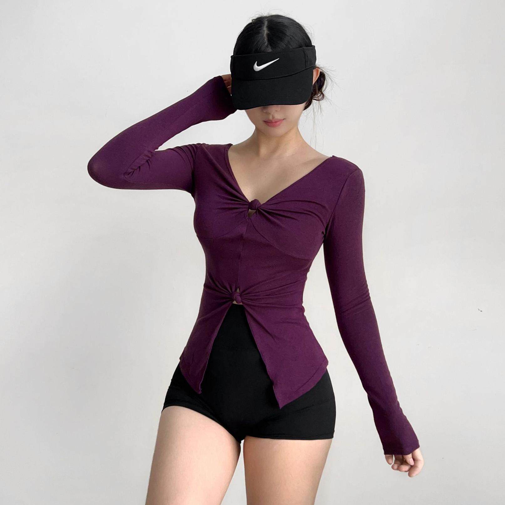 扭结法式不规则个性运动T恤辣妹大领口瑜伽服显瘦健身长袖女高弹