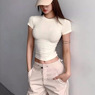 螺纹运动T恤女性感修身显瘦圆领纯色瑜伽健身上衣透气短袖打底弹