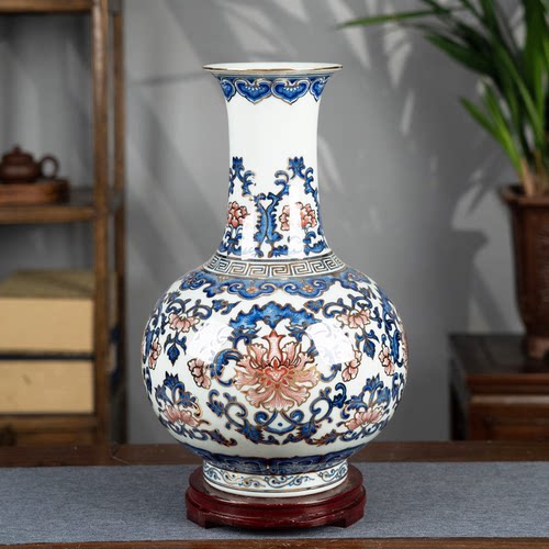 景德镇陶瓷高端描金花瓶仿古青花瓷客厅博古架新中式装饰插花摆件