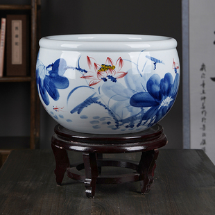 景德镇陶瓷手绘金鱼缸大号养乌龟睡莲荷花盆客厅书画缸中式 风水缸