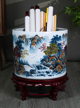 景德镇陶瓷名师手绘花瓶落地书画卷轴缸客厅书房字画收纳中式摆件