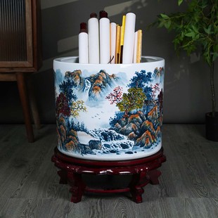 摆件 景德镇陶瓷名师手绘花瓶落地书画卷轴缸客厅书房字画收纳中式