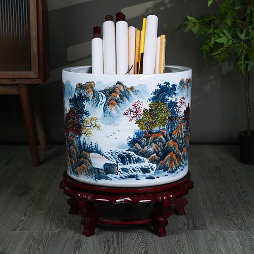 景德镇陶瓷名师手绘花瓶落地书画卷轴缸客厅书房字画收纳中式摆件