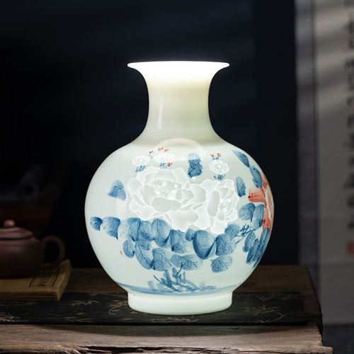 景德镇陶瓷手绘青花瓷花瓶薄胎玲珑瓷客厅玄关博古架装饰国风摆件