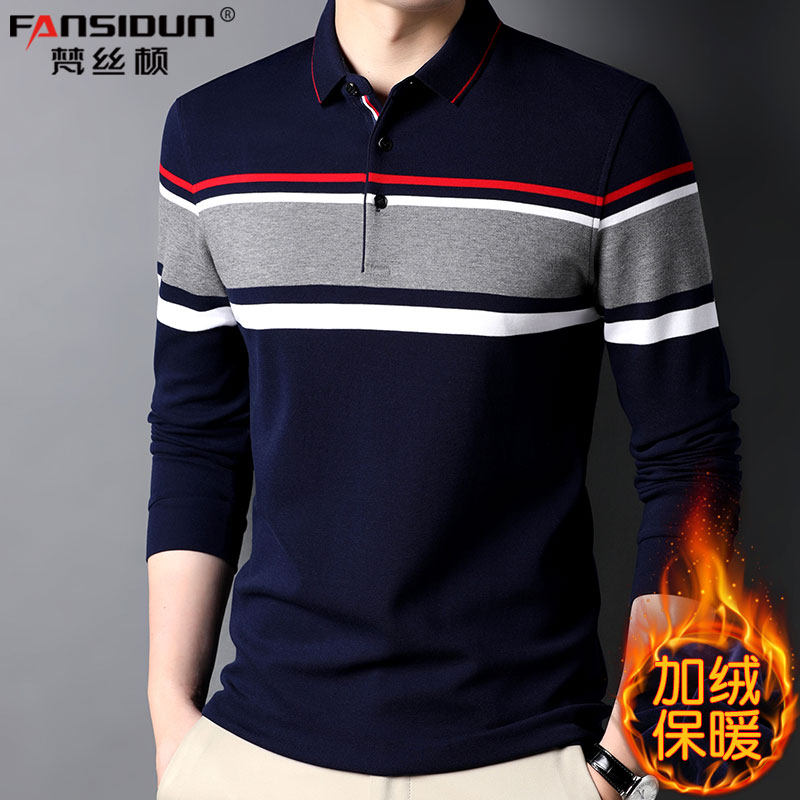 纯棉t恤男长袖秋冬季加绒加厚打底衫中年爸爸装带领体桖POLO衫t裇
