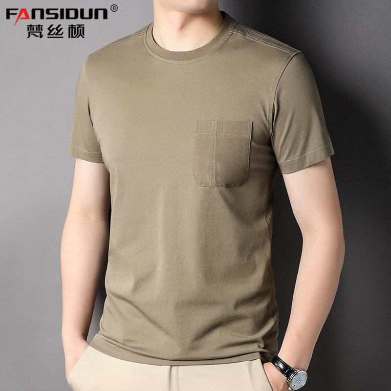 男士短袖t恤中老年爸爸夏装无领半袖上衣棉质圆领汗衫有口袋体血