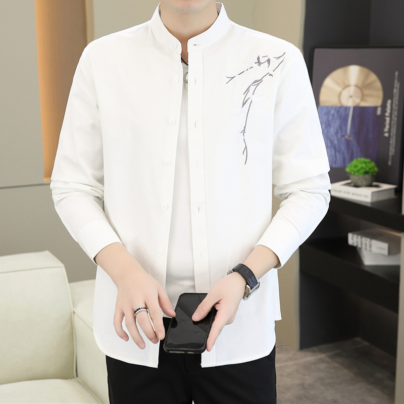 春秋季新款刺绣纯棉衬衫男
