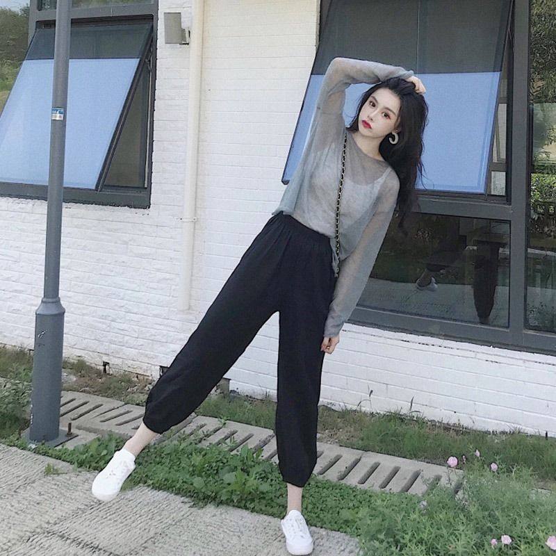 夏季套装女2020新款女防晒衣网红时尚学生女休闲宽松哈伦裤三件套