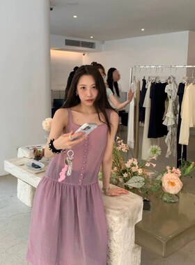 2026春季新韩国张子萱同款方领中长款灰紫色醋酸吊带裙连衣裙女