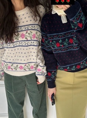 2025冬季新韩国东大门sie*ne复古毛衣圆领套头玫瑰提花针织衫毛衣