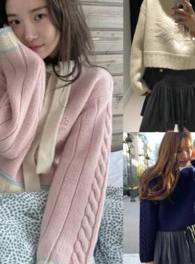 韩国冬季新品th*Bar*net立体雪花套头羊毛衫软糯短款圆领毛衣女