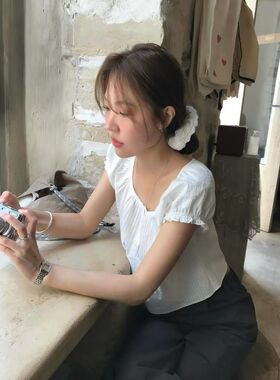 现货 韩国东大门tan*at甜美气质褶皱圆领花边短袖衬衫纯棉上衣女
