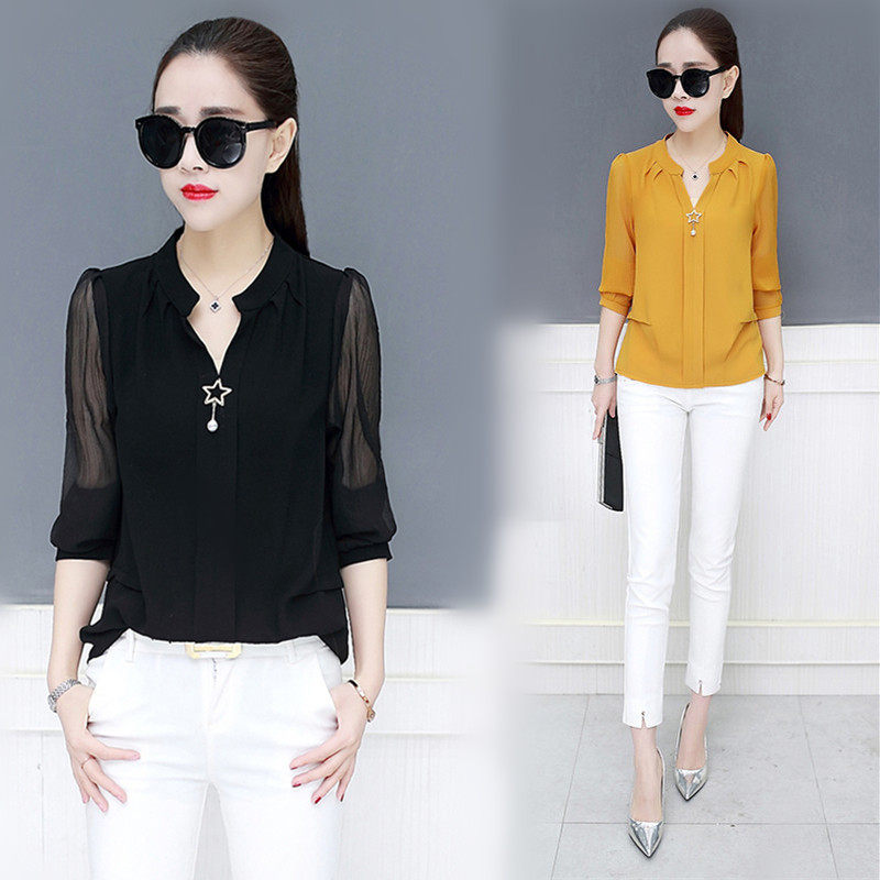 2020春秋新款遮肚子雪纺小衫洋气长袖女装时尚蕾丝拼接打底衫上衣