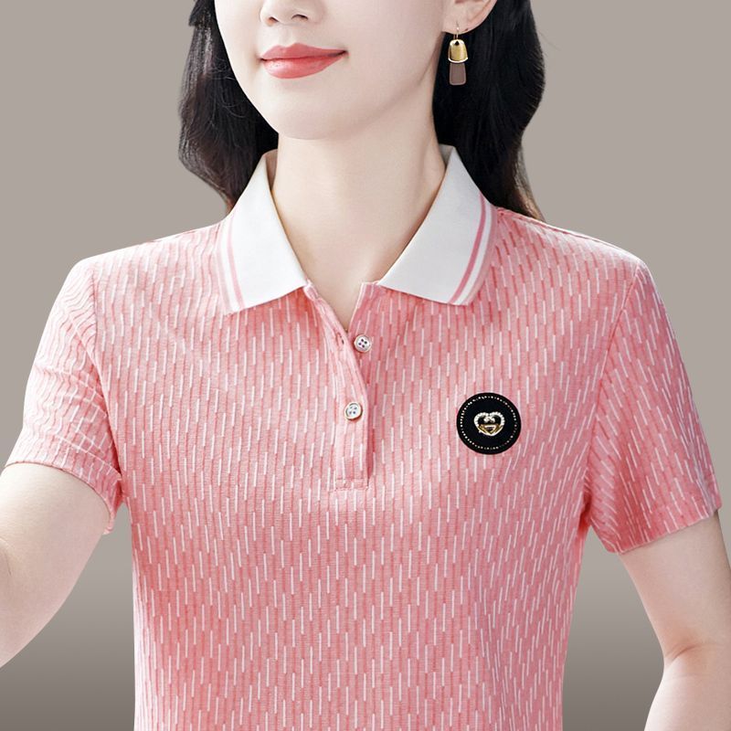 中老年妈妈装2025夏季女士Polo领翻领休闲薄款短袖T恤衫打底