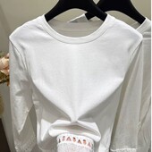 T恤简约宽松通勤 蕾丝镂空花边拼接圆领长袖 芭拉婷 纯棉春新款