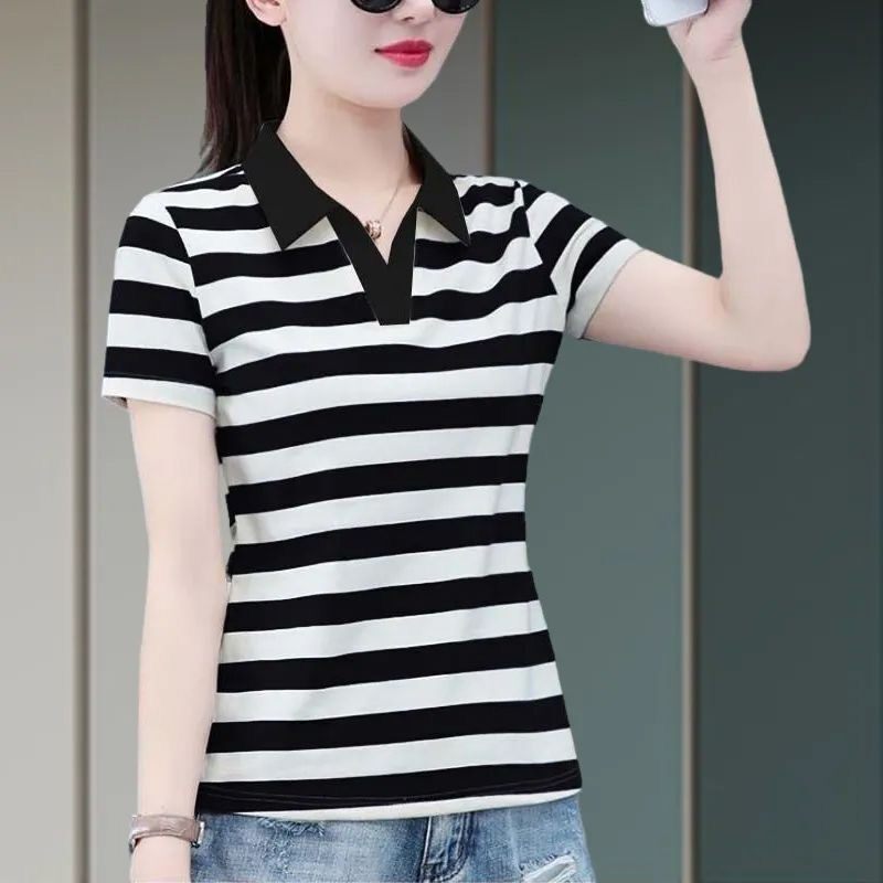 【芭拉婷】夏季女装短袖条纹翻领黑白条纹短袖T恤衫休闲时尚妈妈