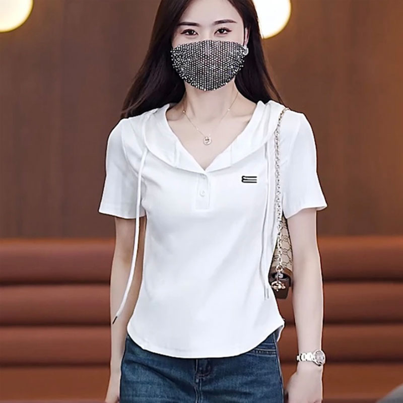 连帽短袖卫衣夏装2024新款修身短款小个子妈妈衣服冰丝螺纹上衣