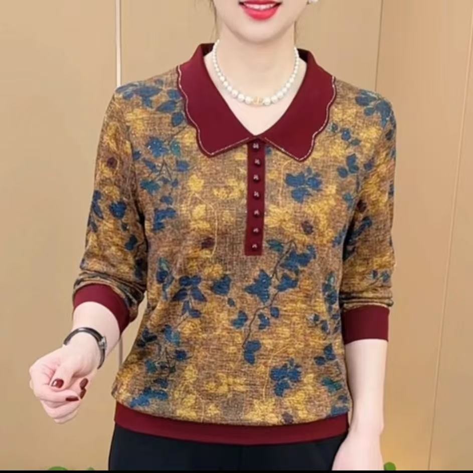 【芭拉婷】螺纹德绒  爆款女士长袖新款妈妈中年宽松高档小衫女士