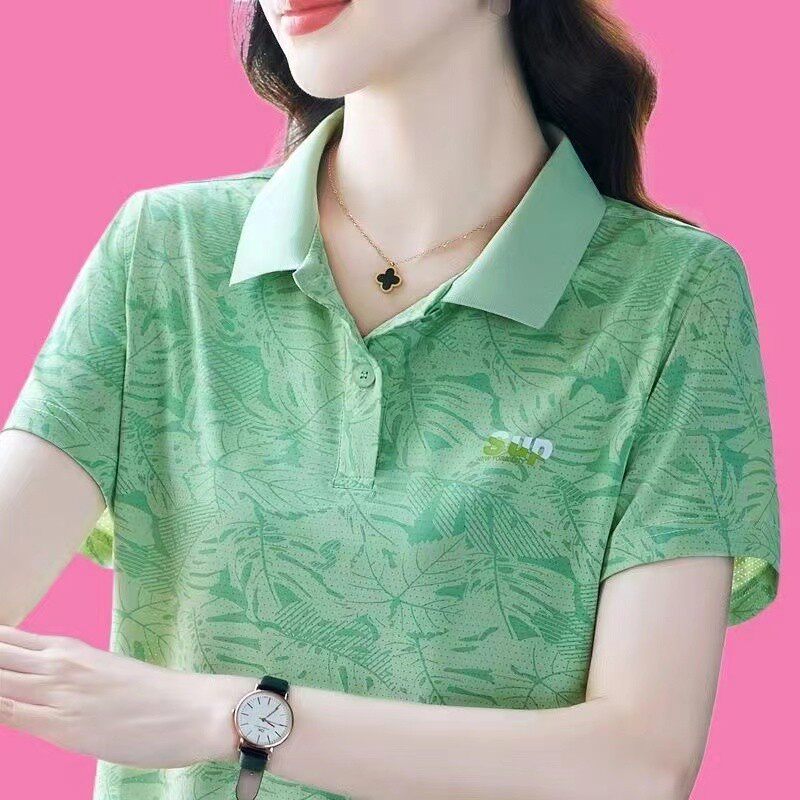 短袖t恤女夏季新款翻领印花Polo衫洋气中年妈妈休闲时尚运动上衣